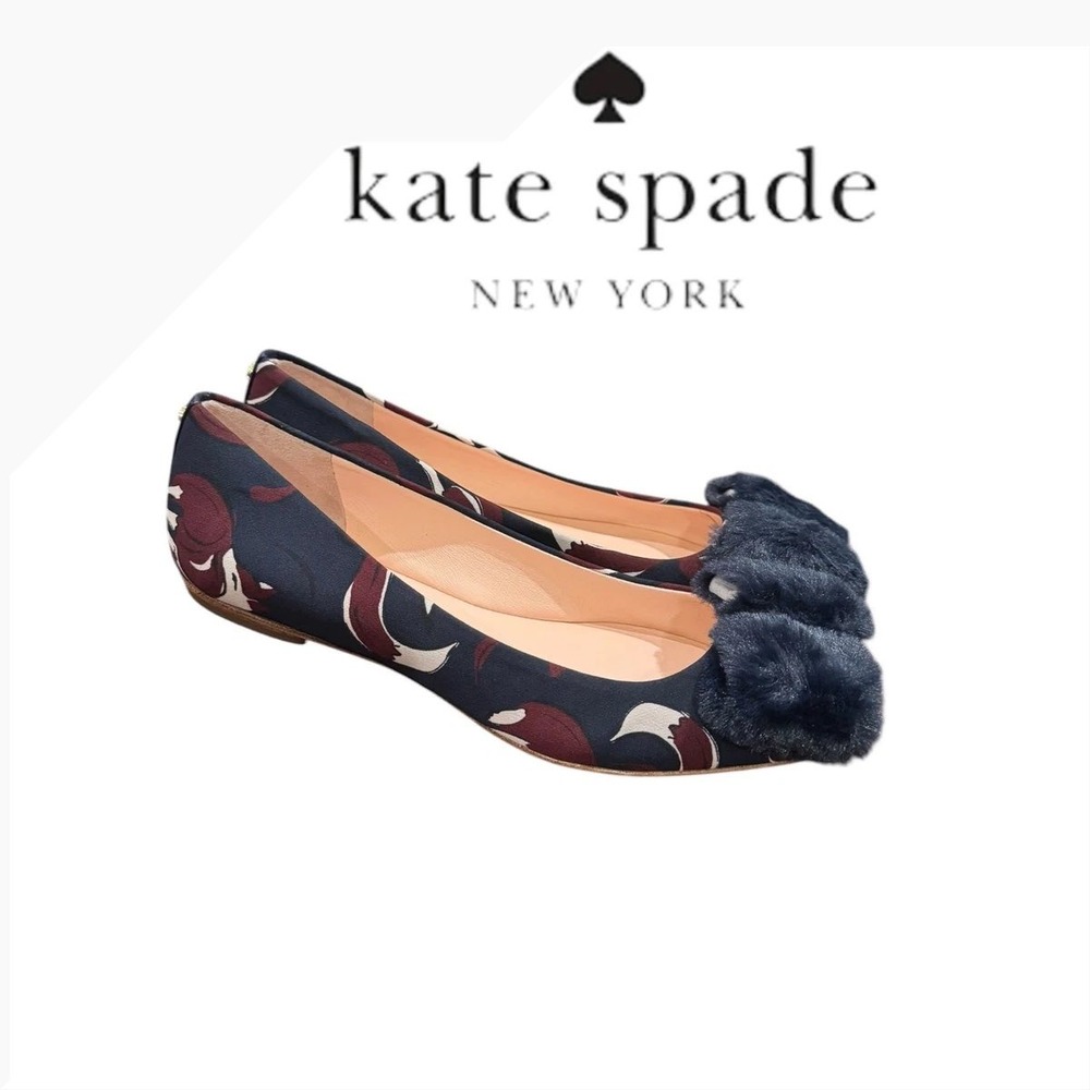 Kate Spade Elen Navy Multi Fox Glen Fabric Faux Fur Pom Pom Flats 8.5M NEW